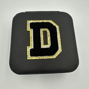 Travel Jewelry Case Organizer Black Gold Monogram "D" Embellishment Zipper Close